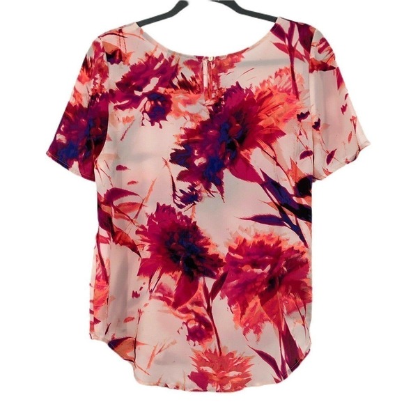 Apt 9 Top Pink Floral Print Women Size M Short Sleeve Chiffon Blouse Scallop Hem - Picture 2 of 11